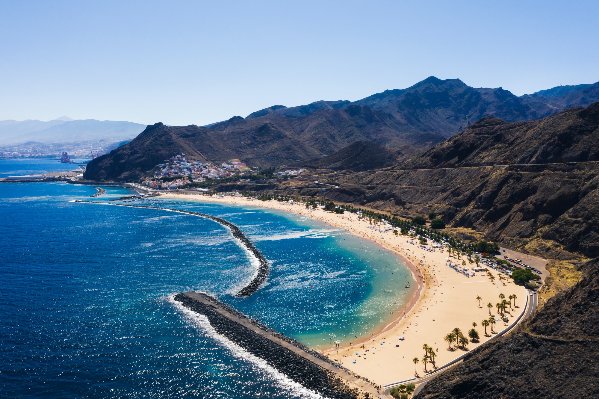 Amazing view of beach las Teresitas with yellow sand. Location: Santa Cruz de Tenerife, Tenerife